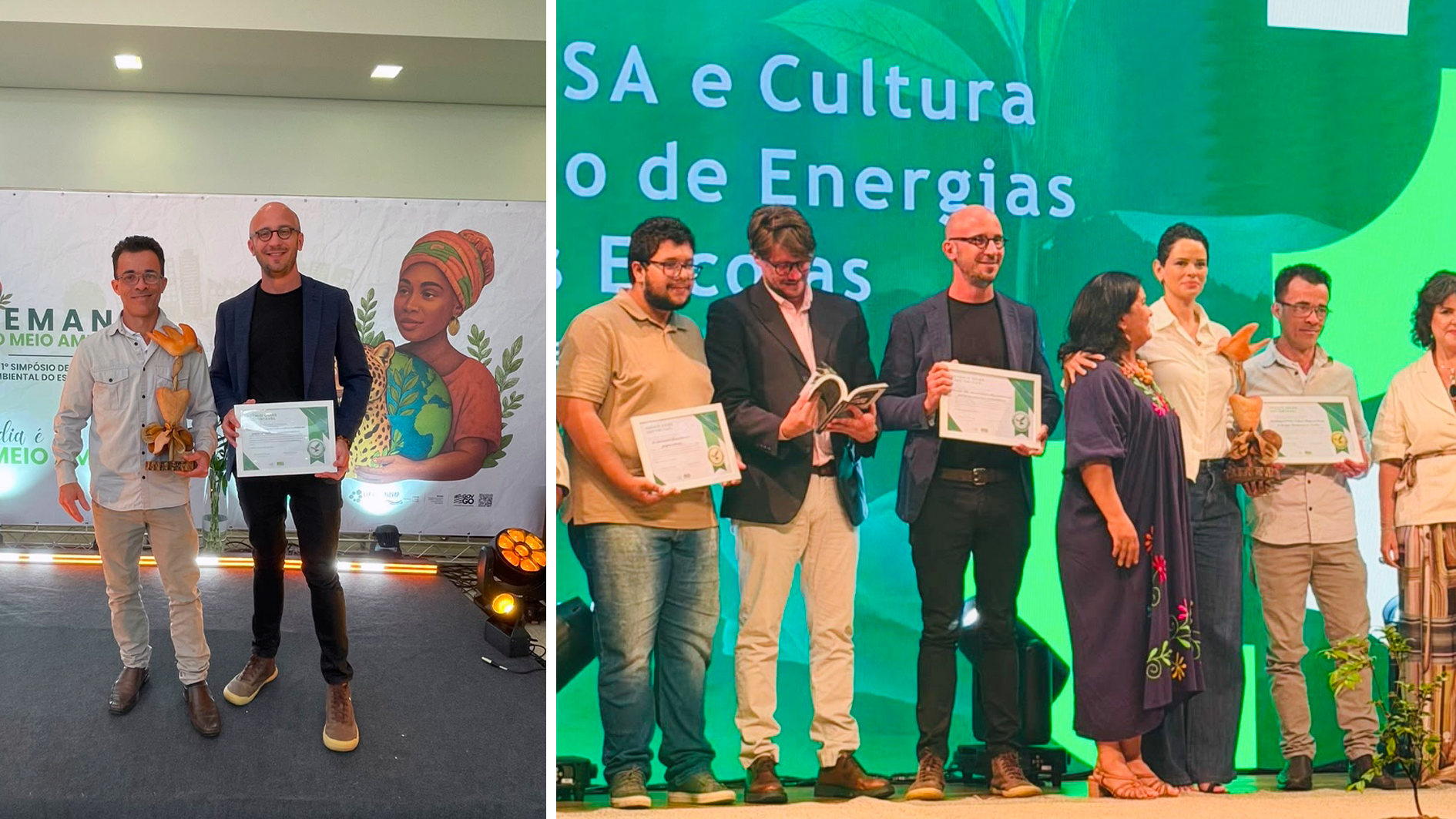 Professores  Carlos Roberto da Silveira Junior e Viníciu Fagundes Bárbara, do Câmpus Goiânia do IFG, receberam os prêmios na solenidade do Prêmio Goiás Sustentável 2026.